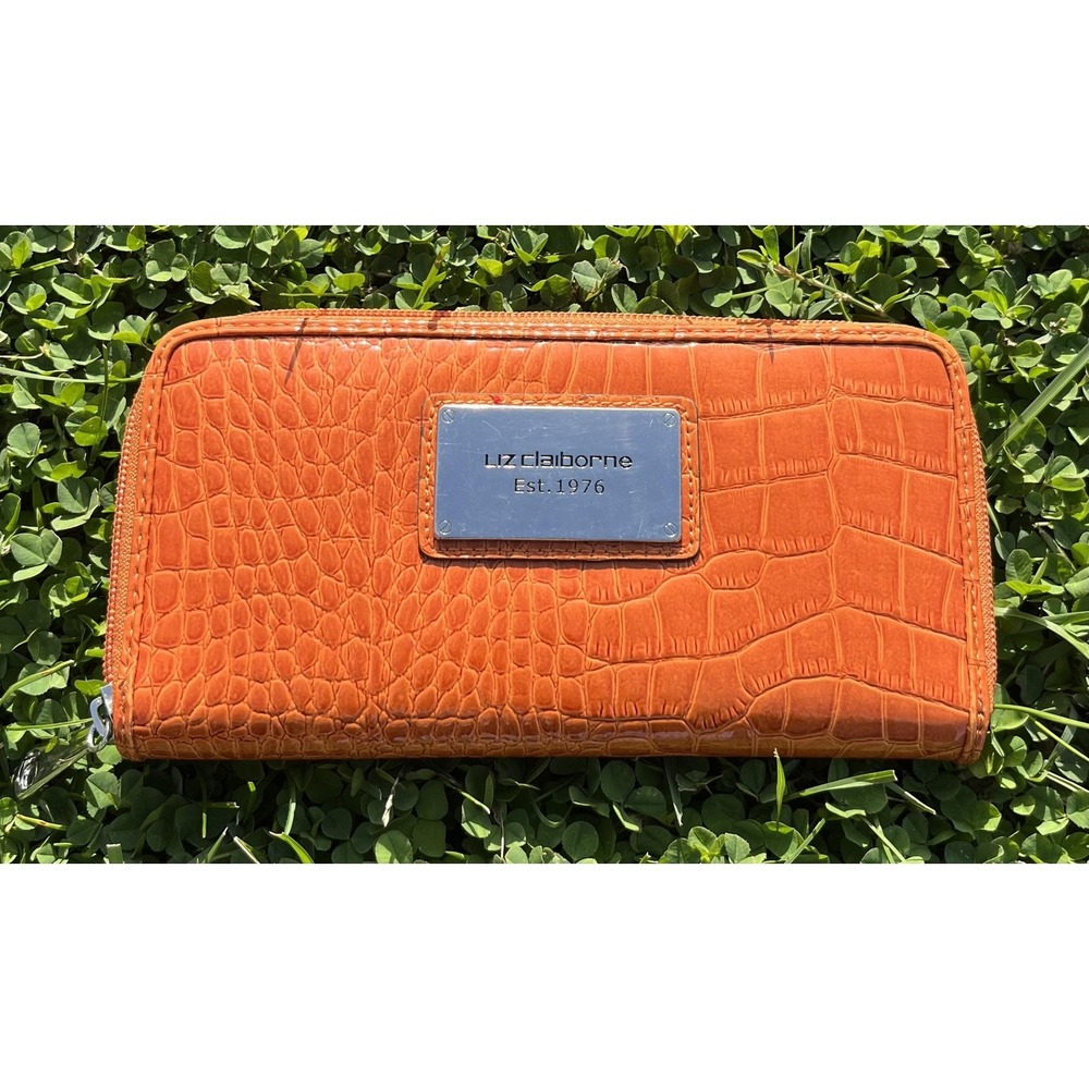 Liz‎ Claiborne Wallet Womens Orange Zip Around Croc Embossed Clutch Organizer